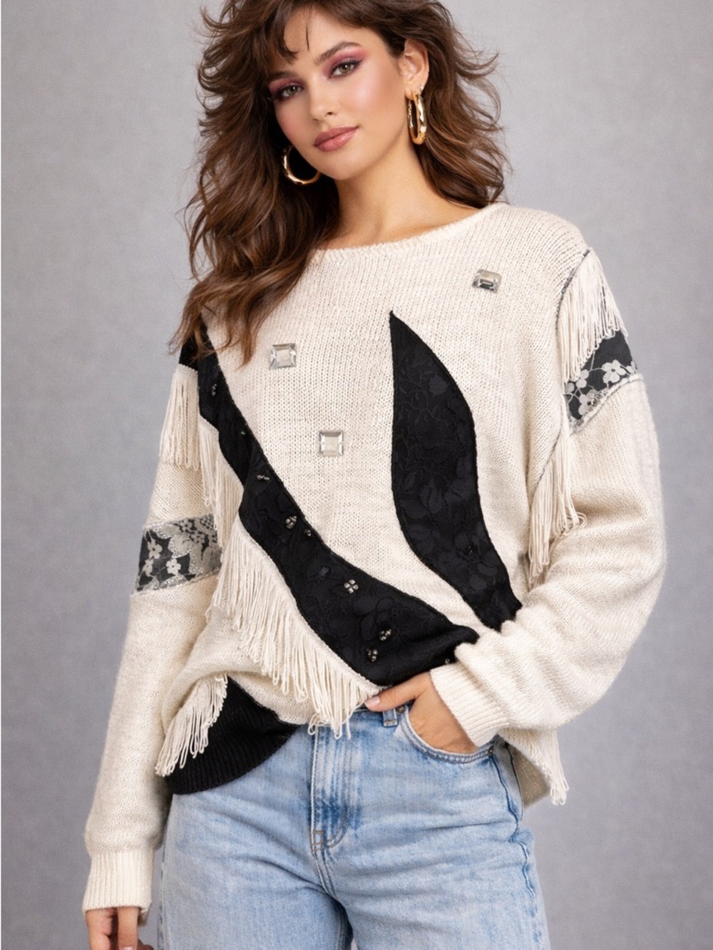 Bonnie and Bill Vintage 80’s Rhinestone, Fringe Navy Blue and Cream Sweater